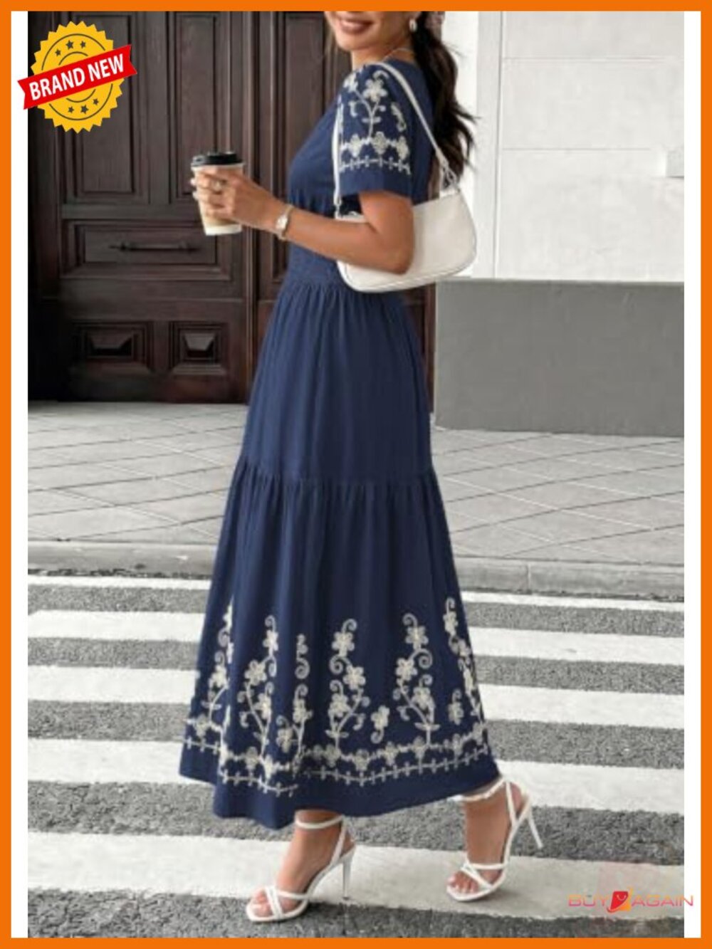 Floral Embroidered A-Line Maxi Dress with Pockets Short Sleeve V-Neck - Picture 3 of 6